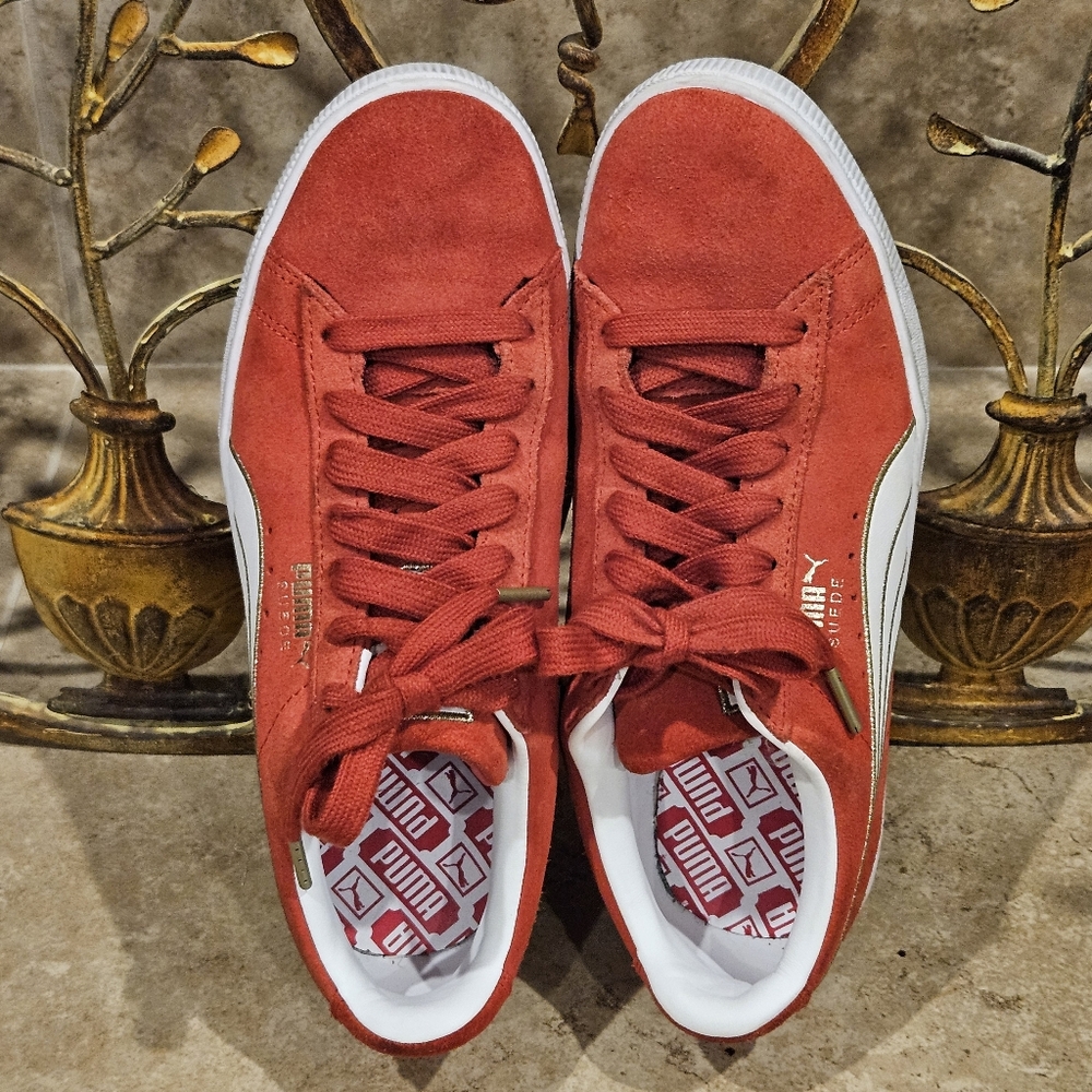 Puma Women' Varsity Suede Sneakers Red With Gold Accents - Size 10